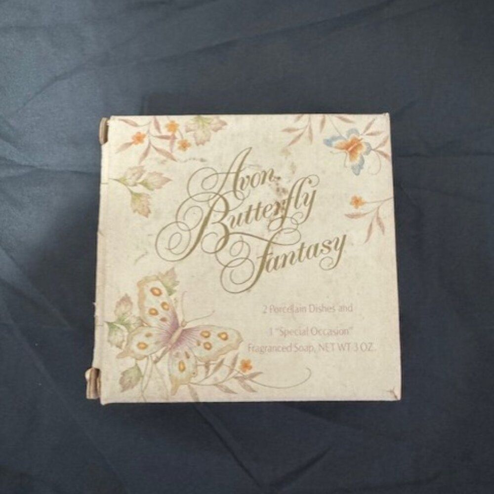 Vintage Avon Butterfly Fantasy 2 Porcelain Dishes Embossed Soap & Box